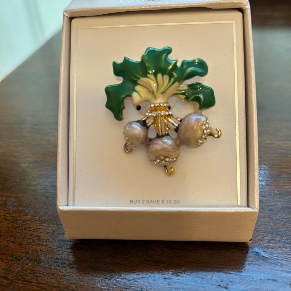 Dillard’s Colorful Radish Brooch with Green, Purple, Rhinestone & Gold Accents